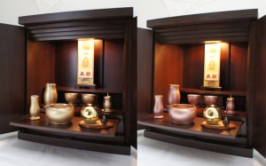 同じお仏壇でも、仏具カラーを変えるとこれだけ違って見えます。 モスト14号　コンパクトでリーズナブルなお仏壇におしゃれな仏具ドマーニシリーズを組み合わせ。